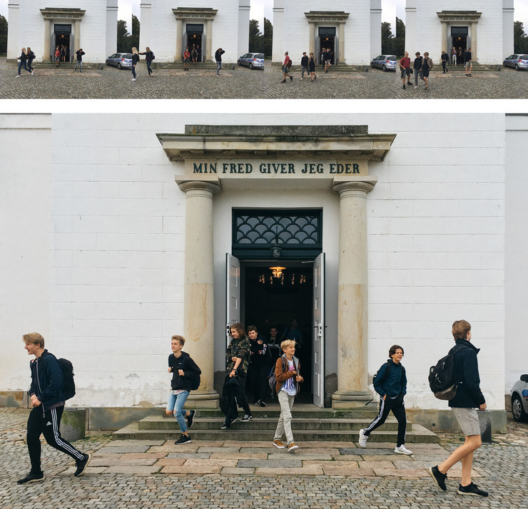 Collage: fem billeder af unge på vej ud af kirke