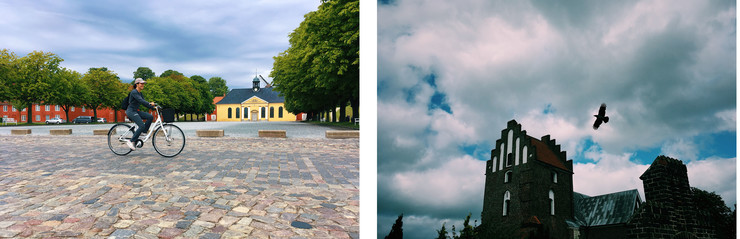 To billeder: kvinde på cykel på brosten - fugl flyver over kirke